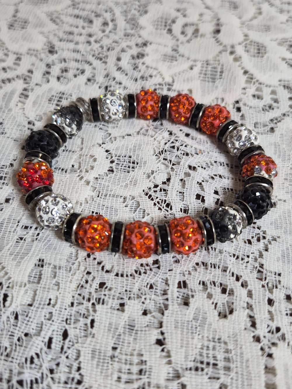 Vintage Orange, Black & Silver Crystal Bead Stretch Bracelet